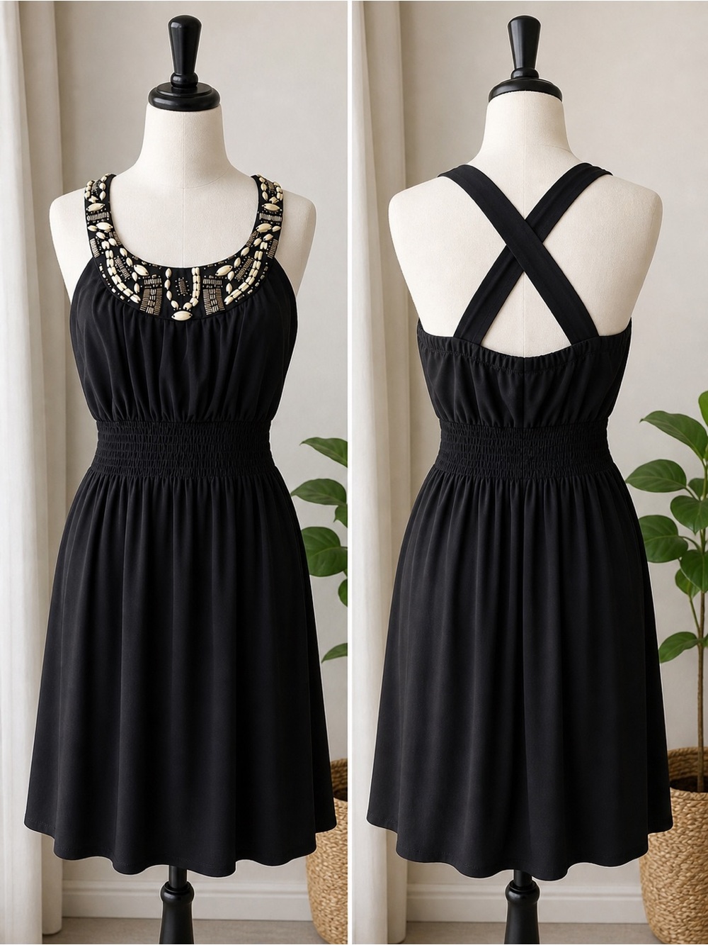 Bisou Bisou Black Beaded Neckline Crisscross Midi Dress